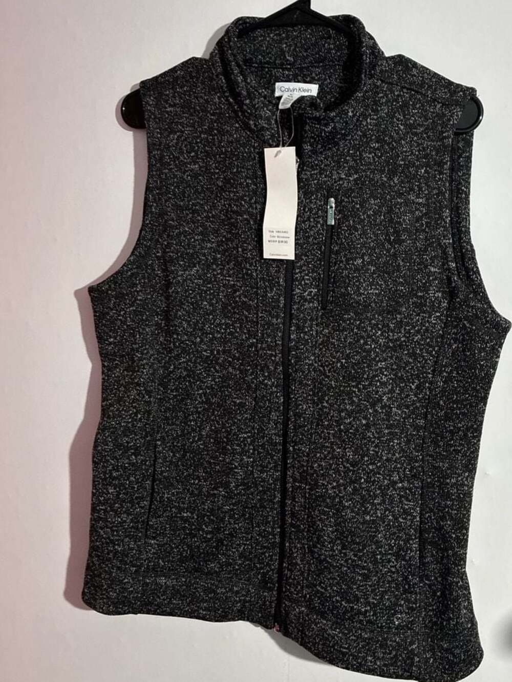 Calvin Klein Men's Marled Black and Alabaster Full-Zip Sweater Fleece Vest